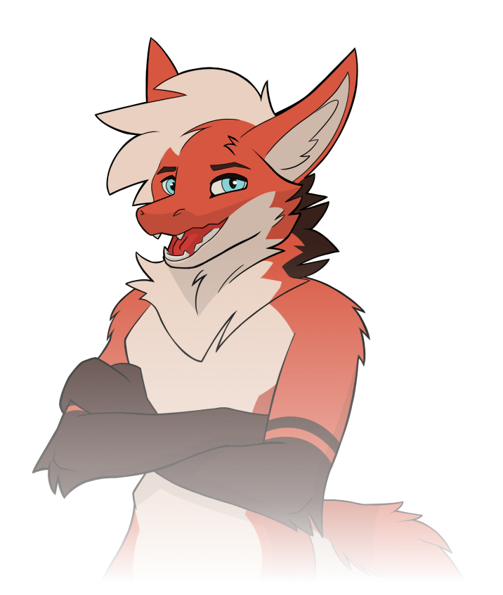 Venjiro fluffy dragon character with arms crossed, happy expression, bright blue eyes open