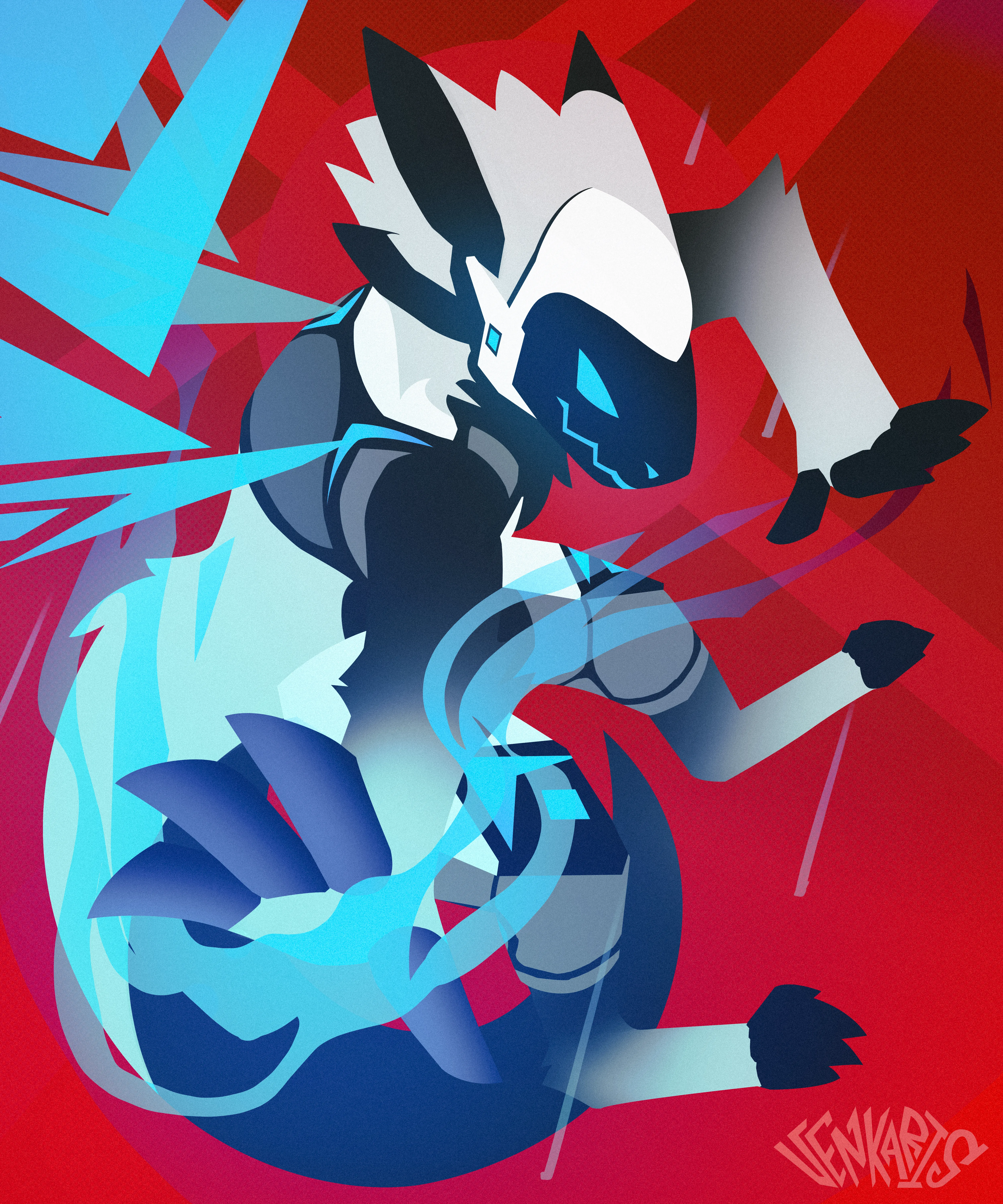 Dynamic digital artwork showing Azion the protogen in mid-leap action pose