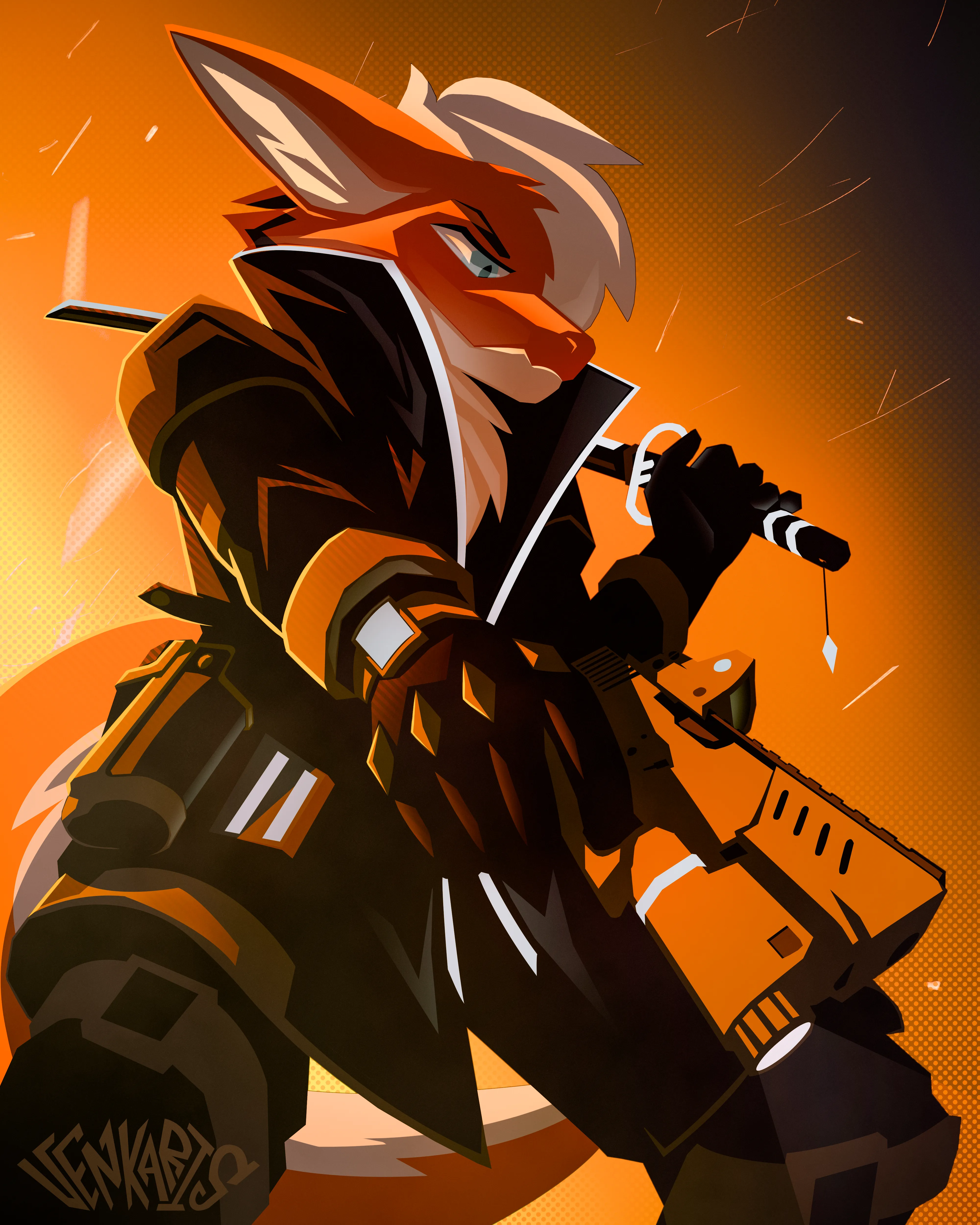 Digital artwork showing Venjiro dragon character in victory pose