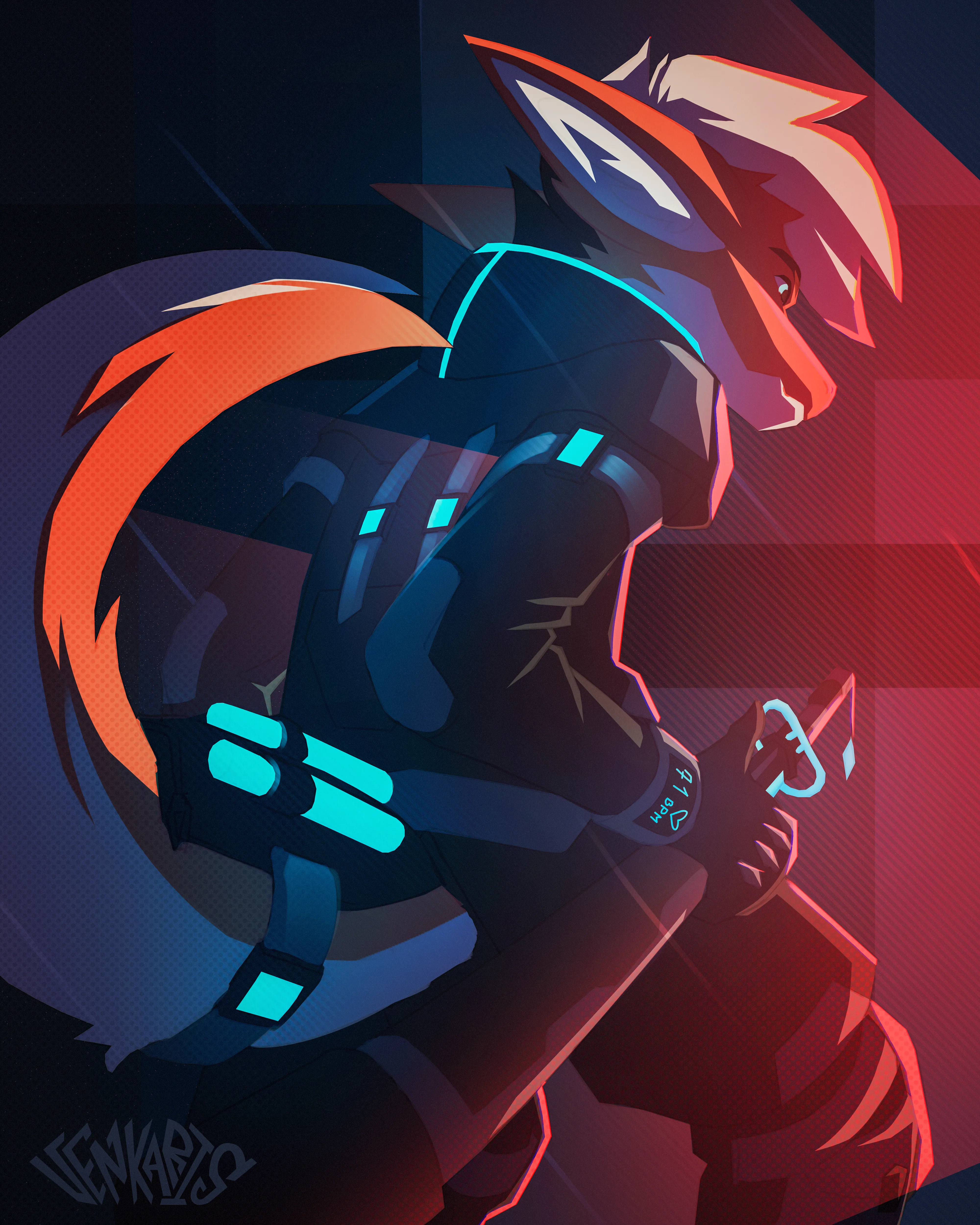 Digital artwork showing Venjiro dragon character in focused, determined pose