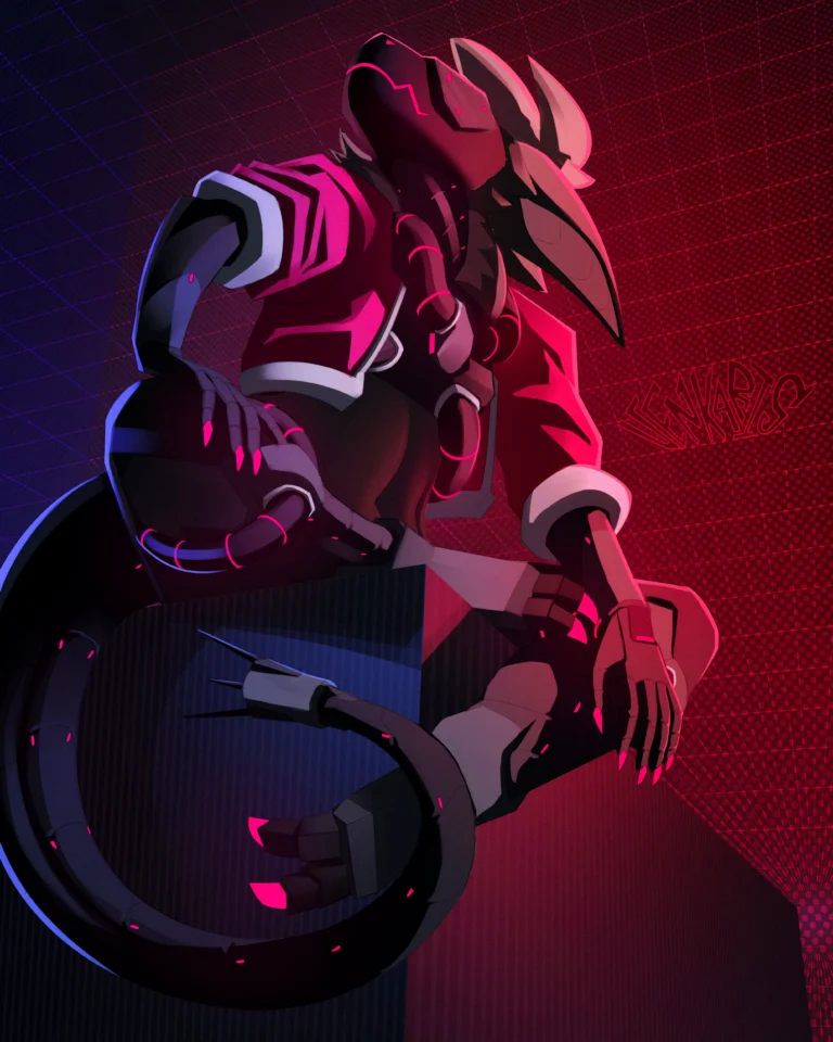 Cyberpunk digital artwork with neon lighting and protogen character