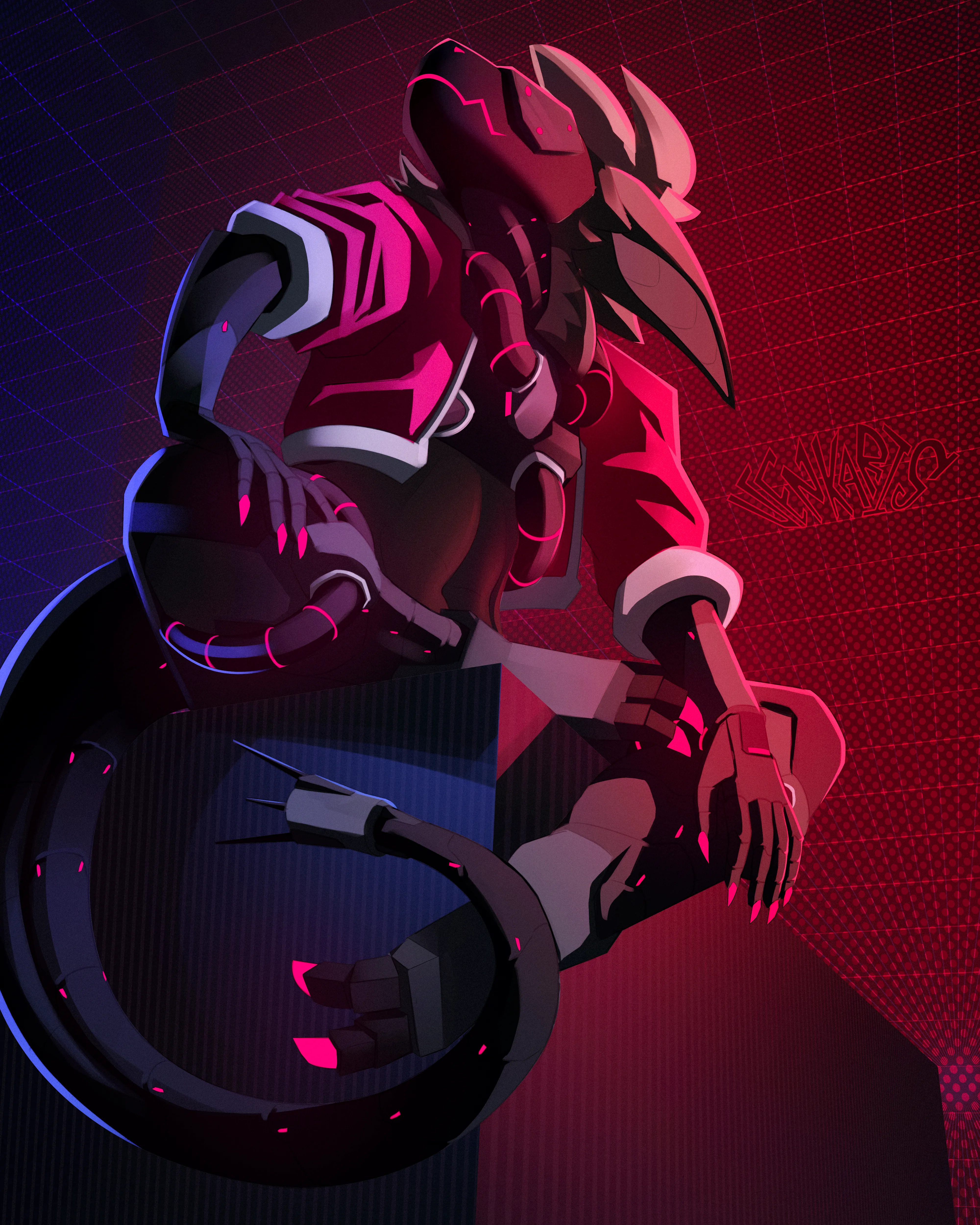 Cyberpunk digital artwork with neon lighting and protogen character