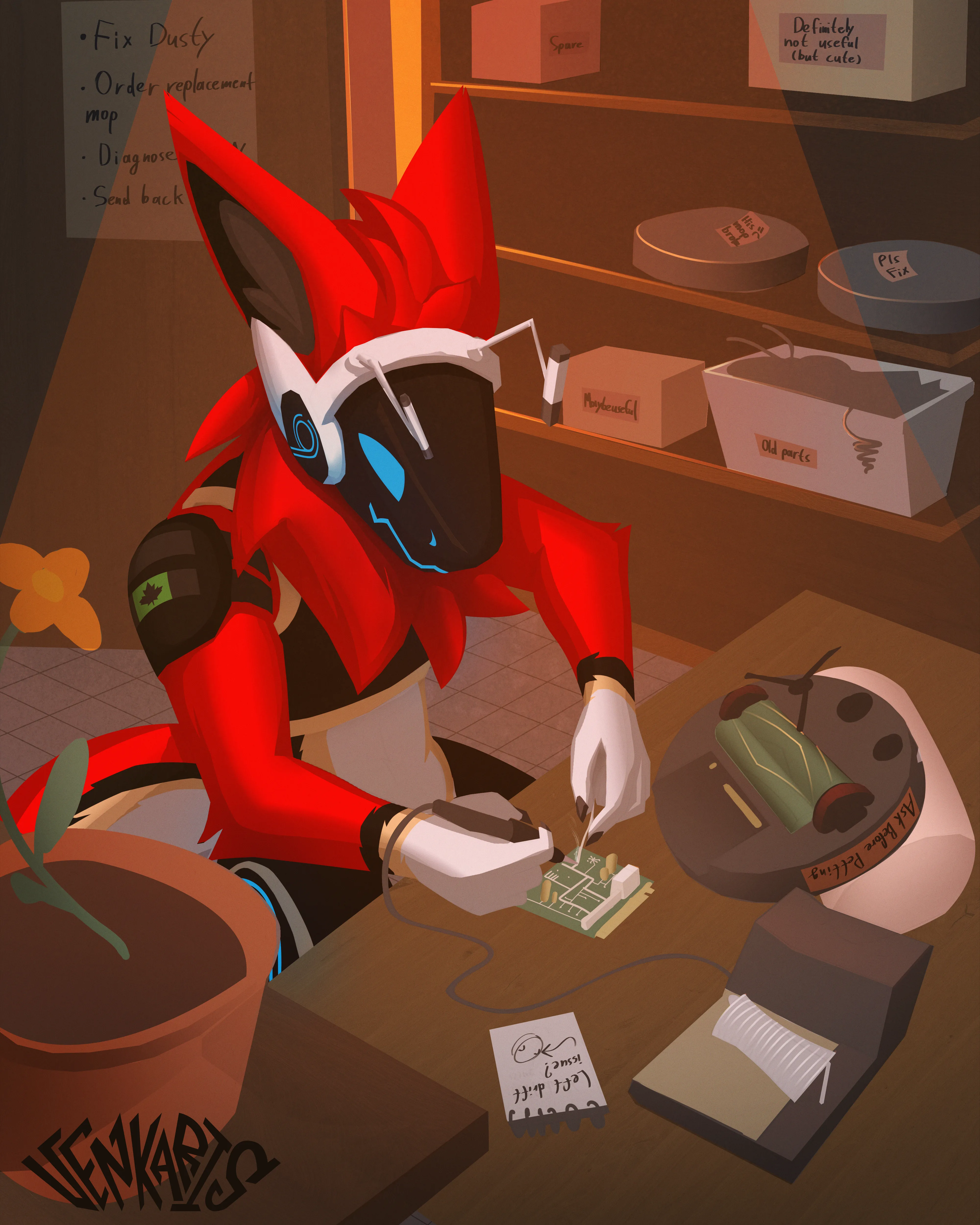 Digital artwork depicting a red protogen named Rytec fixing a roomba in a roomba repair shop