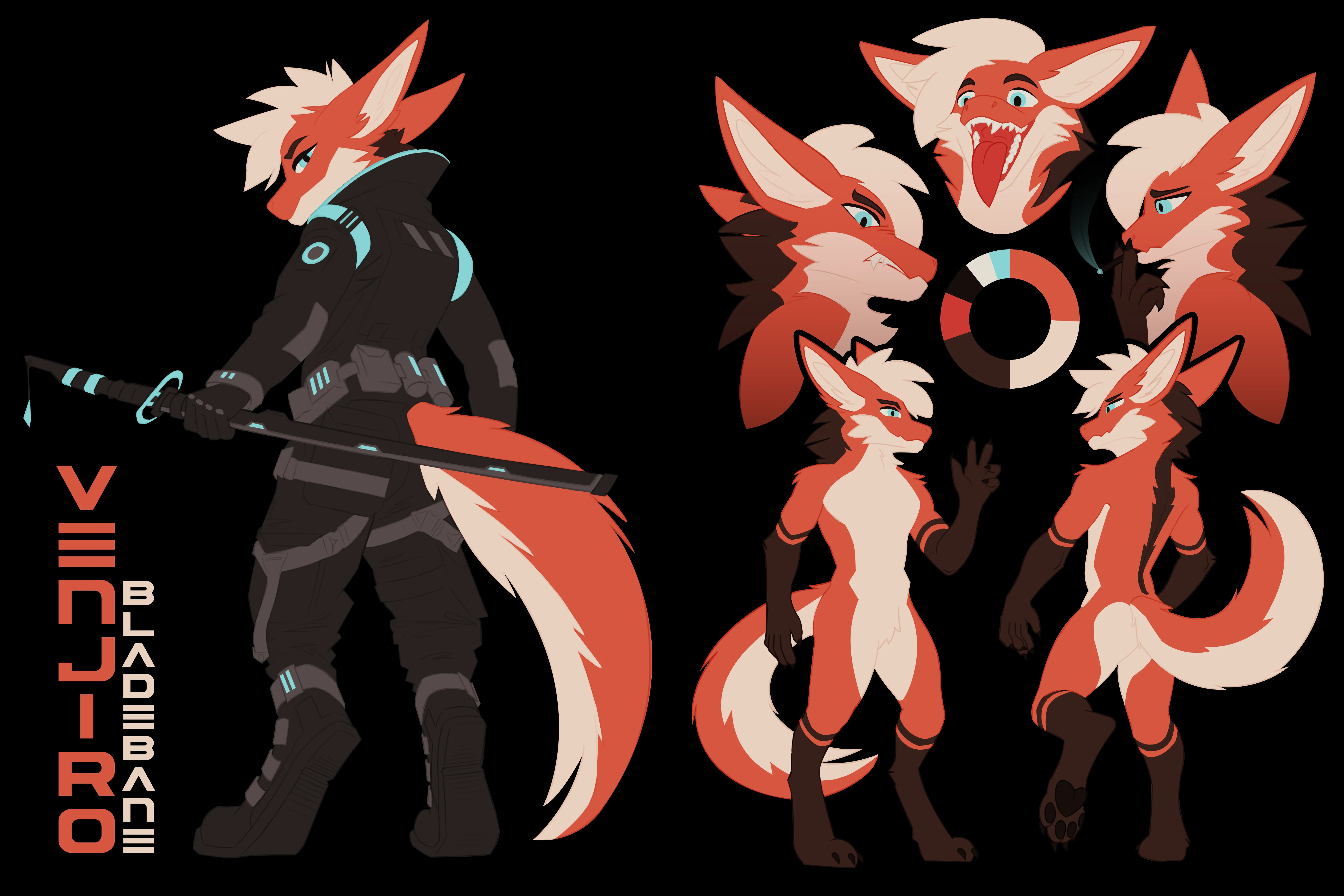 Venjiro character design sheet showing multiple poses and expressions of fluffy dragon character